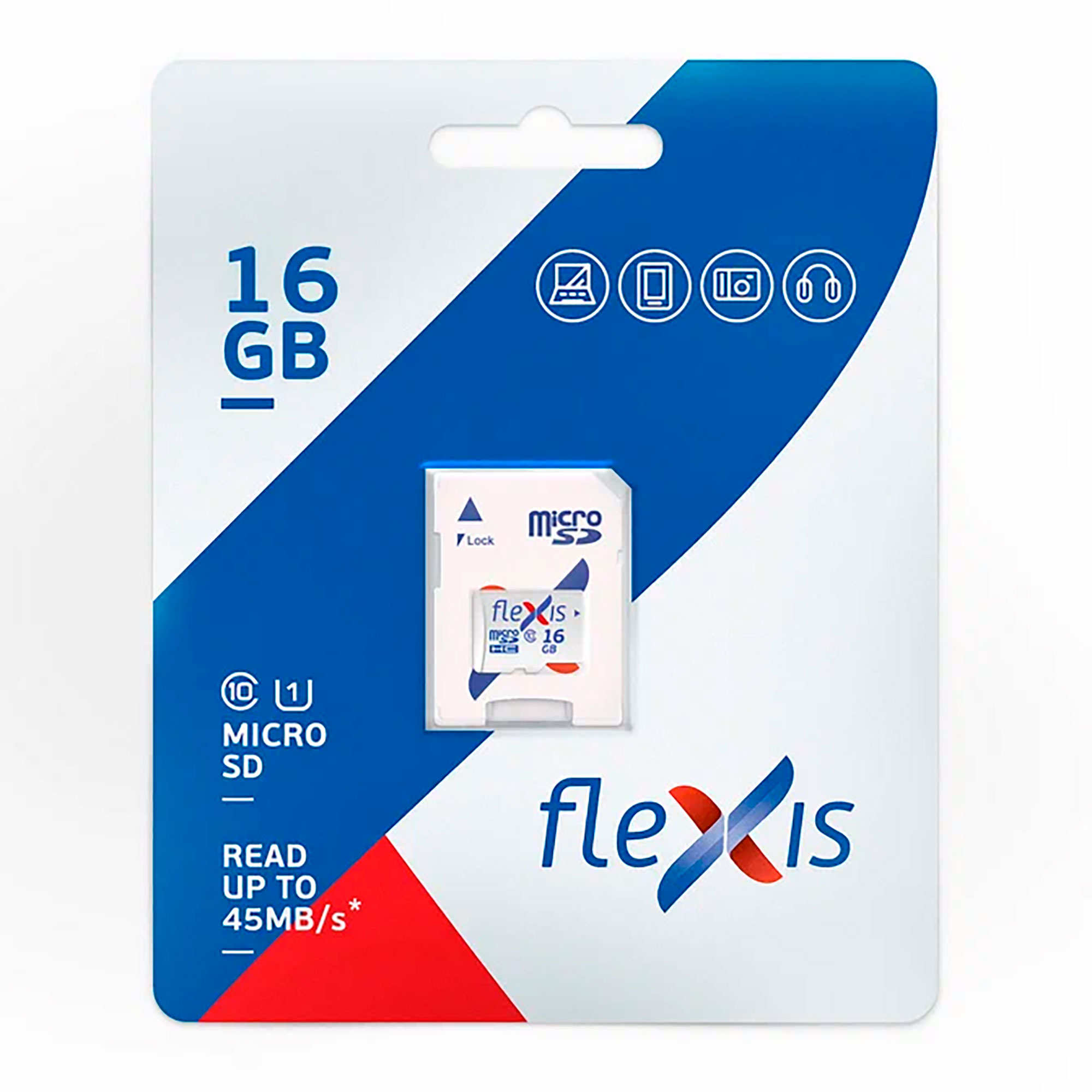 Карта памяти Flexis MicroSDHC 16GB UHS-I Class 10 U1, с адаптером