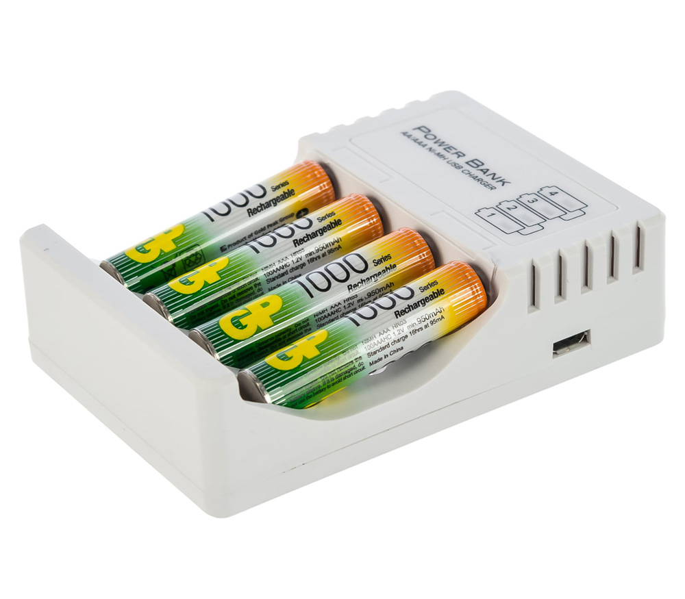 Зарядное устройство GP CPB-2CR4 + 4 аккумулятора AAA 1000 мАч, USB