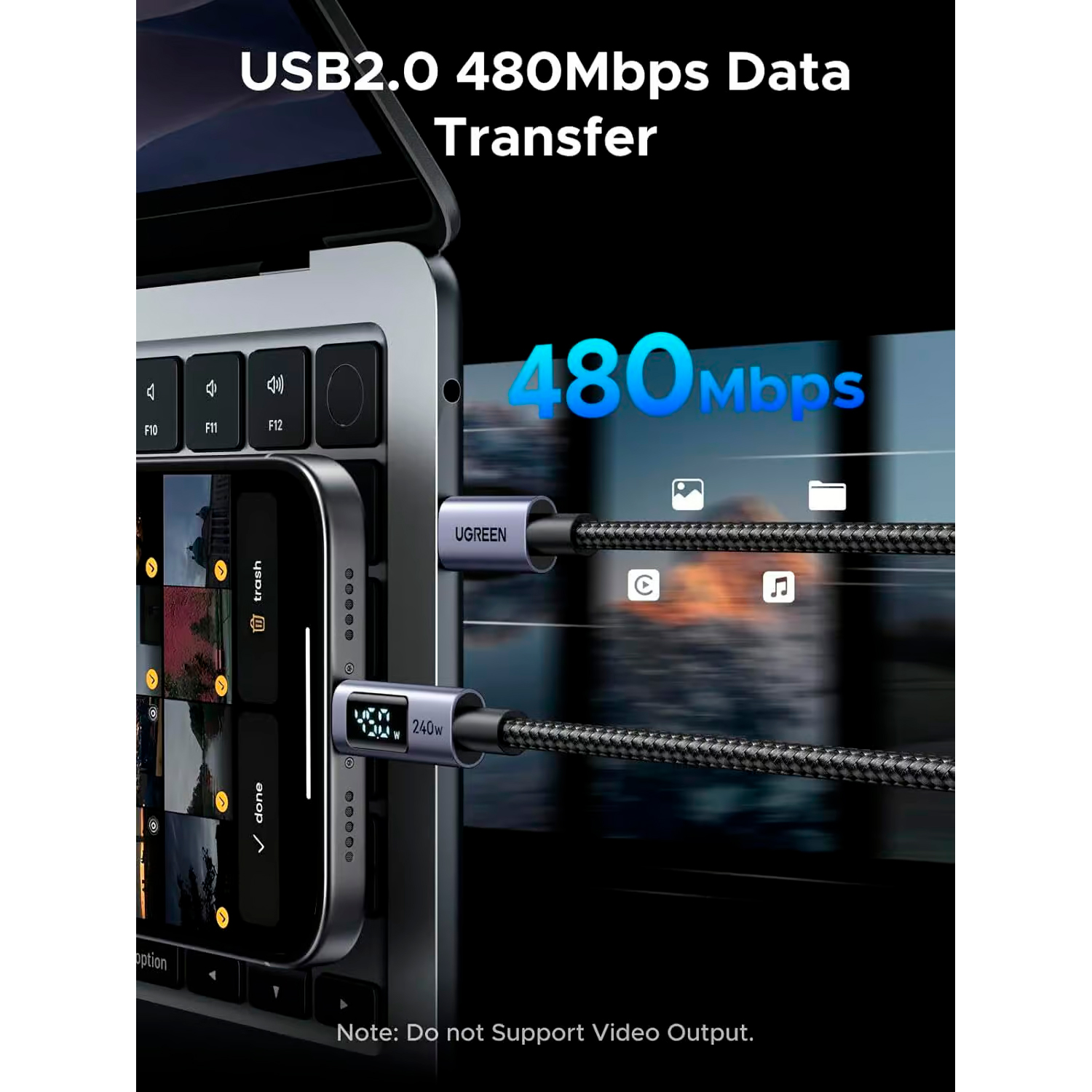 Кабель Ugreen L530, USB-C - USB-C, 240 Вт, 2 м, черный