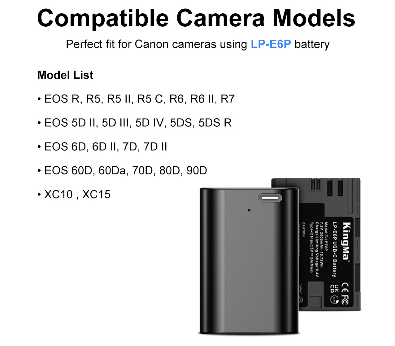 Аккумулятор Kingma LP-E6P с портом зарядки USB-C, 2600 мАч