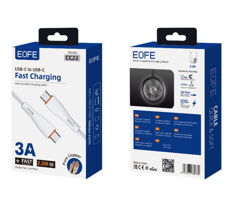 Кабель EOFE CC22, USB-C / USB-C, 3А, ПВХ, 2 метра, белый