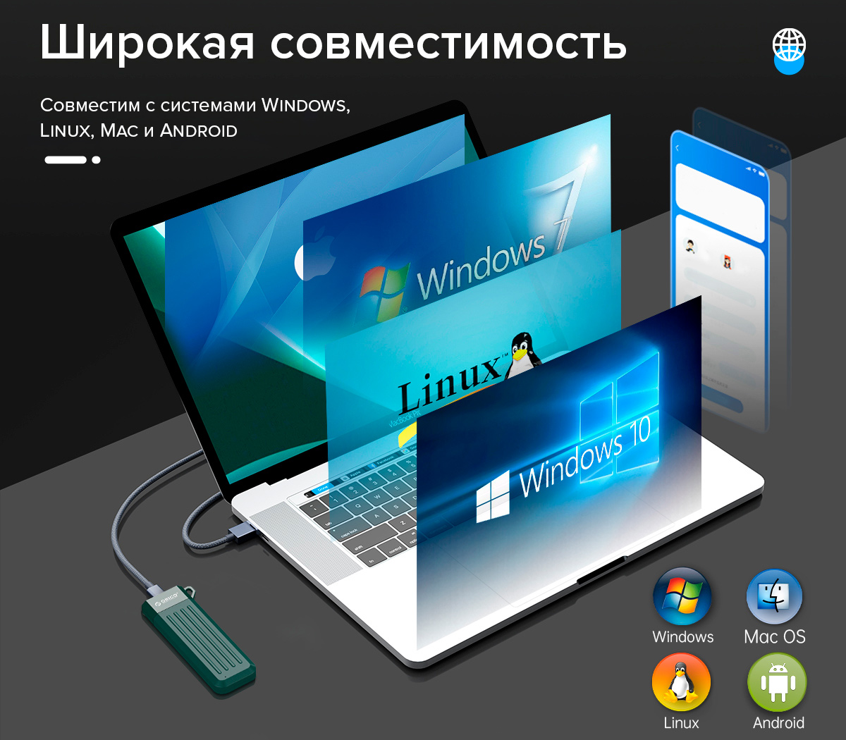 Внешний бокс Orico MM2C3-G2, для SSD M.2 NVMe диска, 10 Гбит/с, зеленый (уцененный)