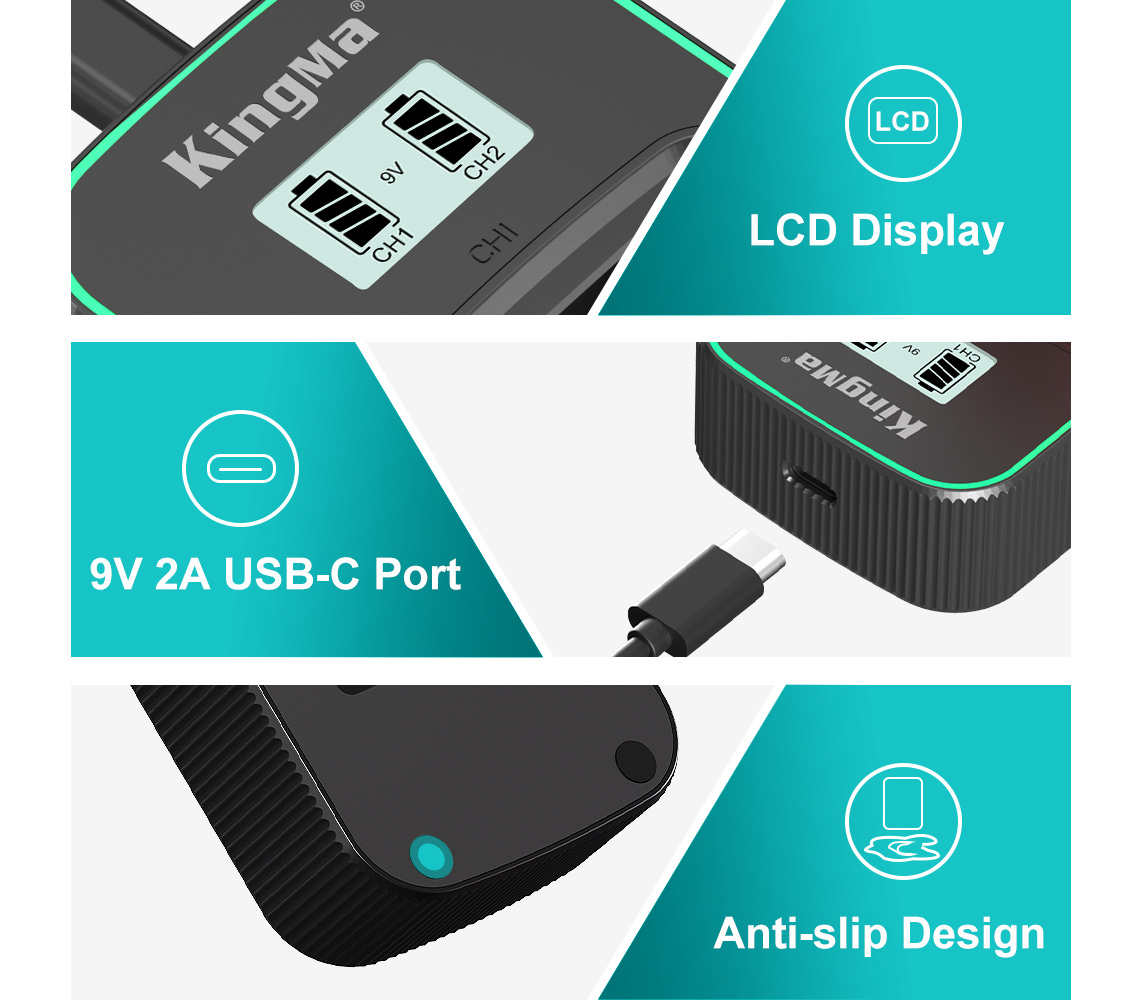 Зарядное устройство Kingma BM058Q-ENEL15, для 2х Nikon EN-EL15, дисплей, USB Type-C