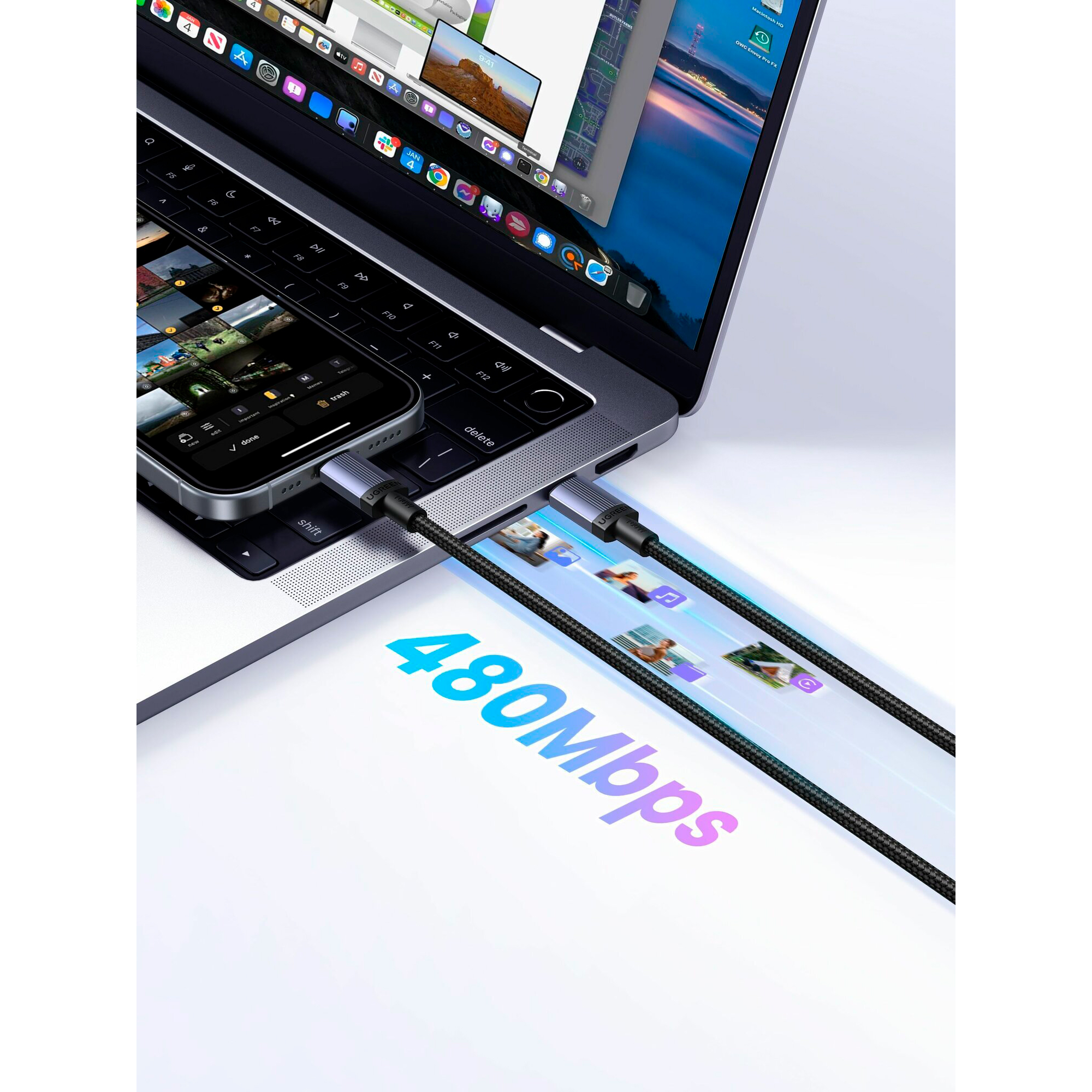 Кабель Ugreen L528, USB-C - USB-C, 100 Вт, 2 м, черный