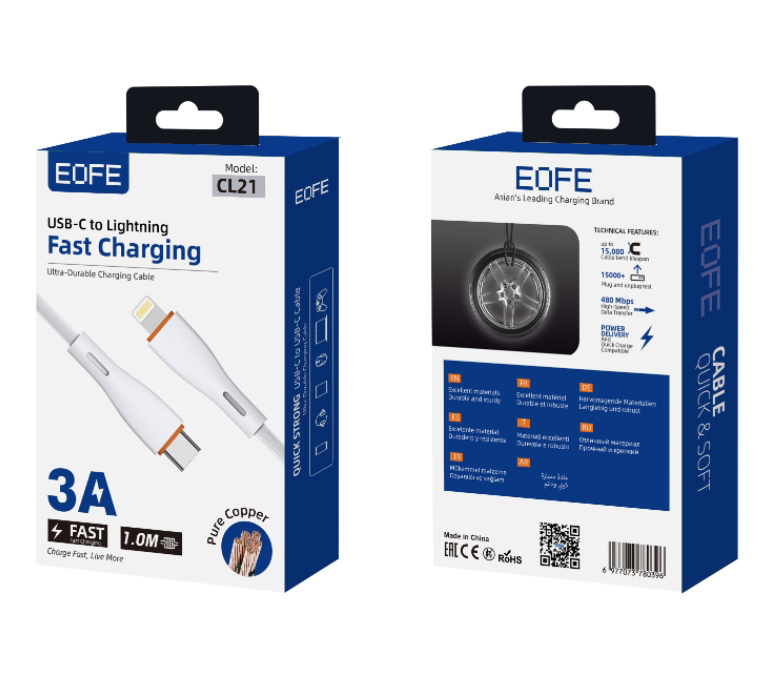 Кабель EOFE CL21, USB-C / Lightning, ПВХ, 1 м, белый (уцененный)