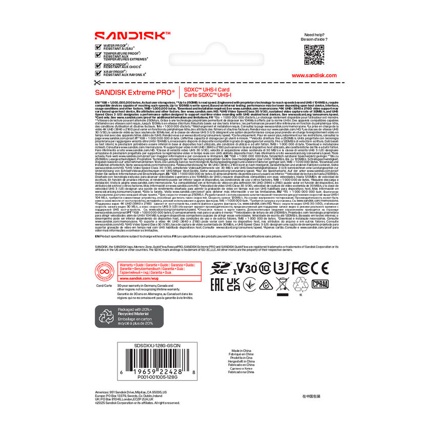 Карта памяти SanDisk SDXC 128GB Extreme Pro UHS-I V30 U3 R250/W120 МБ/с
