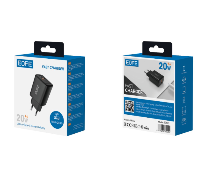Зарядное устройство EOFE E203, USB-A + USB-C, 20 Вт, 3A, черное