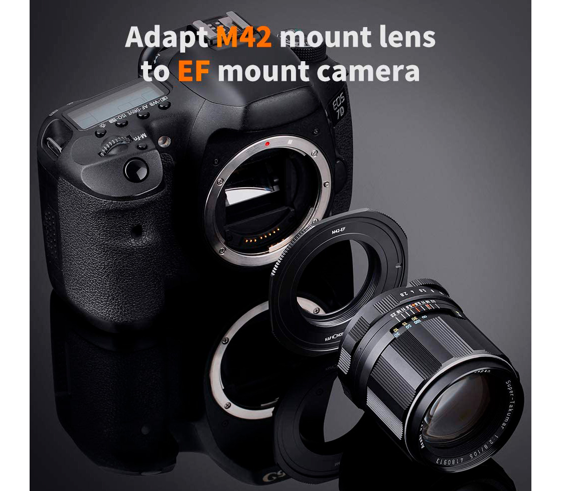 Переходное кольцо K&F Concept M42-EOS, для объективов M42 на камеры Canon EF/EF-S, черное