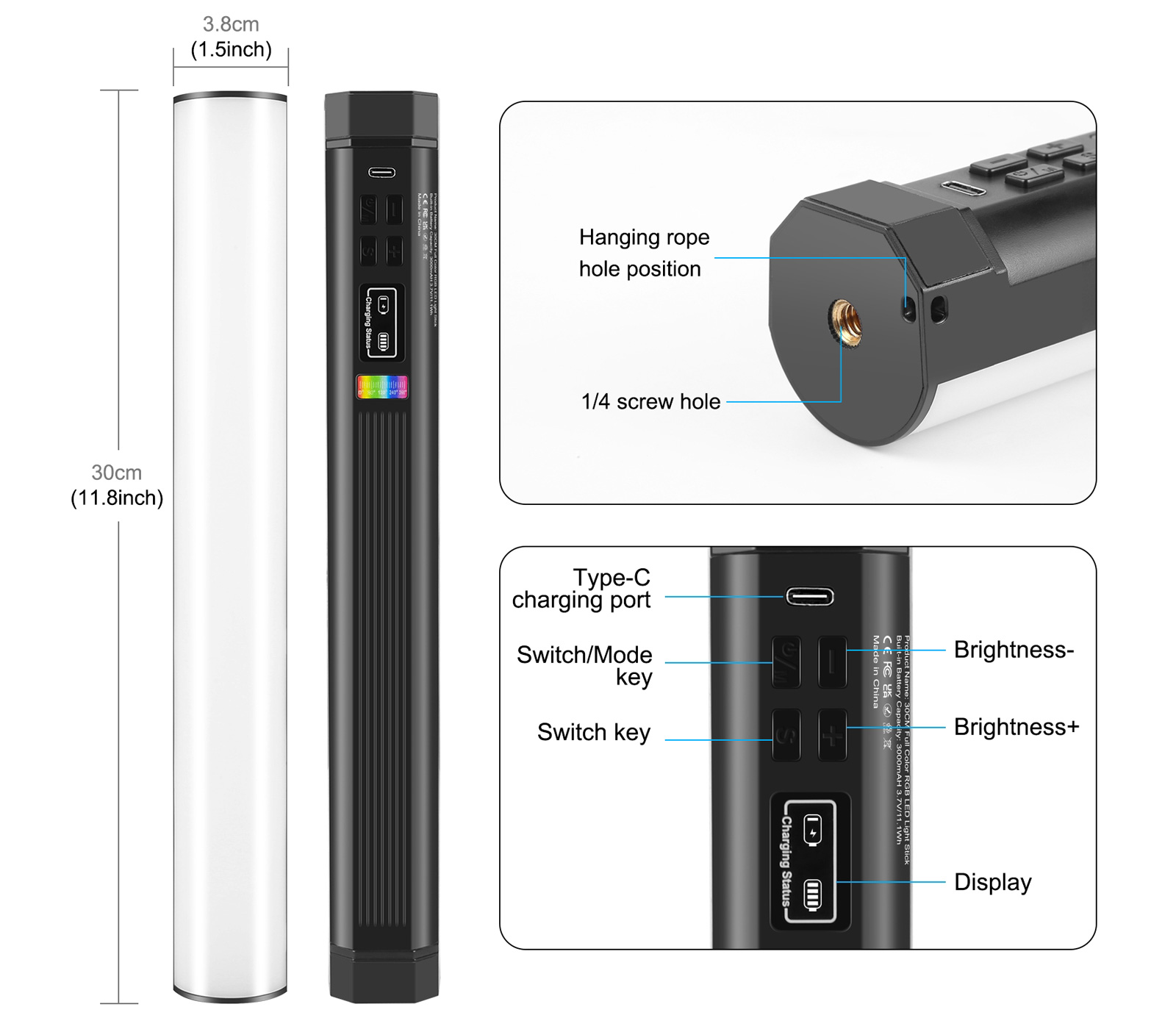 Осветитель Puluz PU4139, RGB, 2500-9000К, 10 Вт, длина 30 см