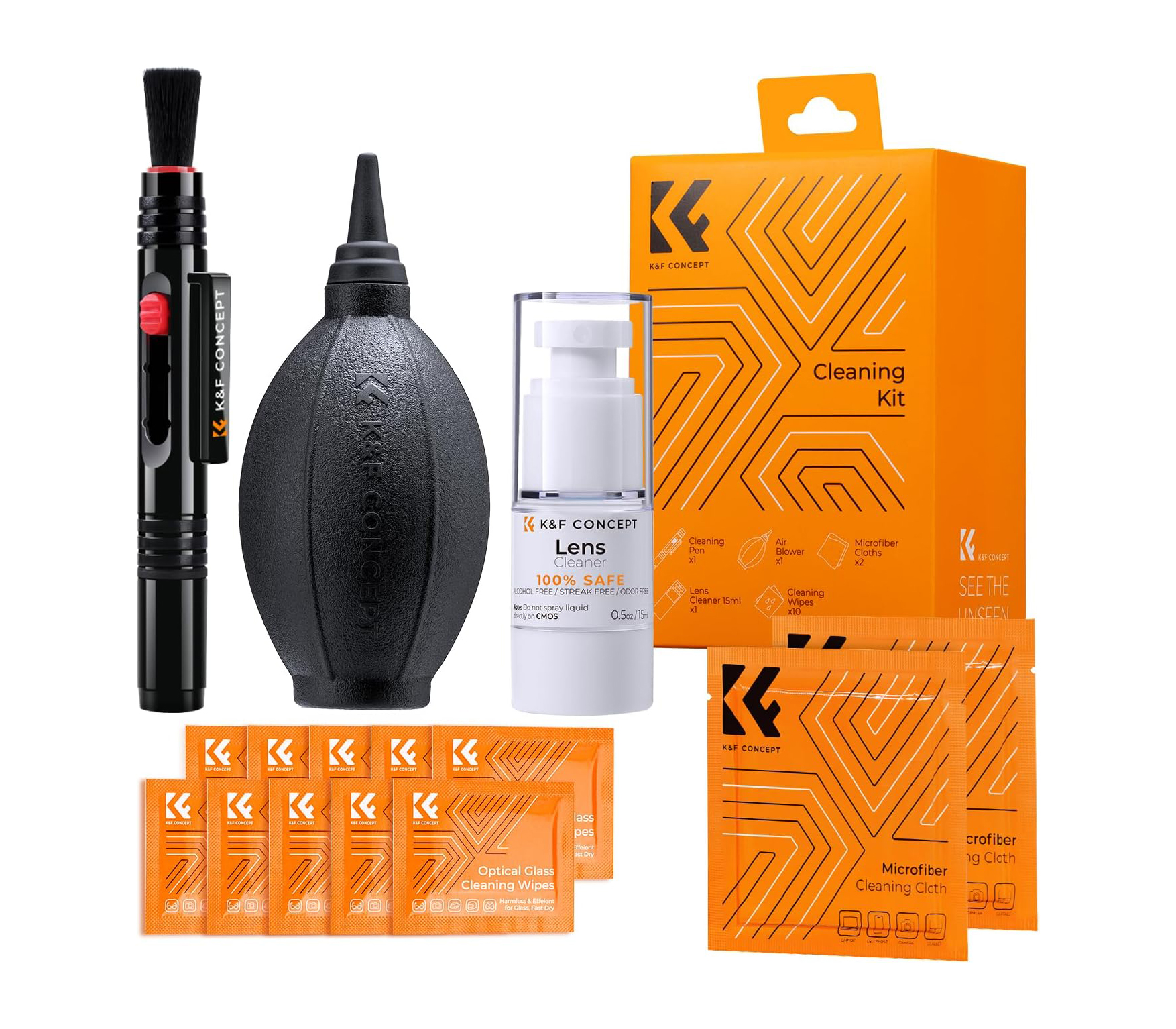 Набор для чистки оптики K&F Concept 1918, 15 в 1, салфетки, карандаш, груша, жидкость