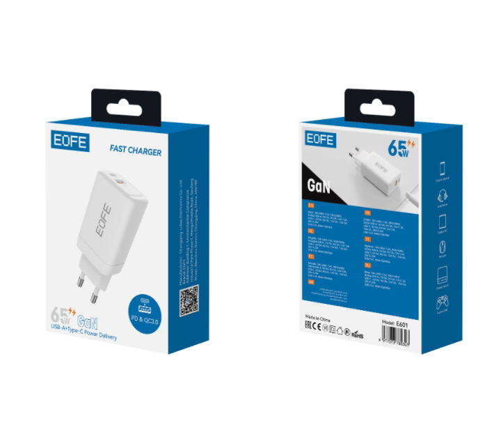 Зарядное устройство EOFE E601, 65 Вт, USB-A + USB-C, белое