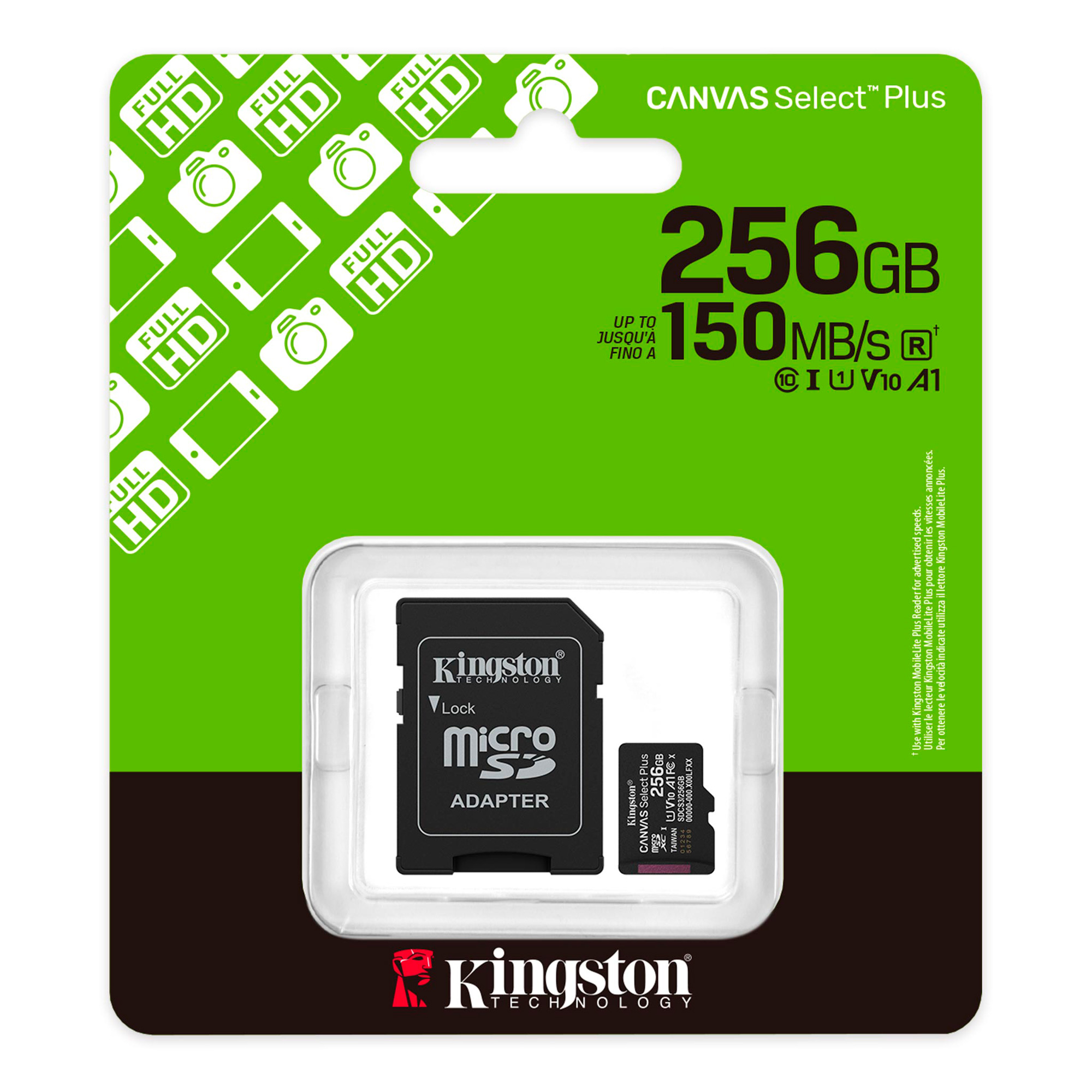 Карта памяти Kingston MicroSDXC 256GB Canvas Select Plus Gen3 UHS-I U1 A1, с адаптером SD