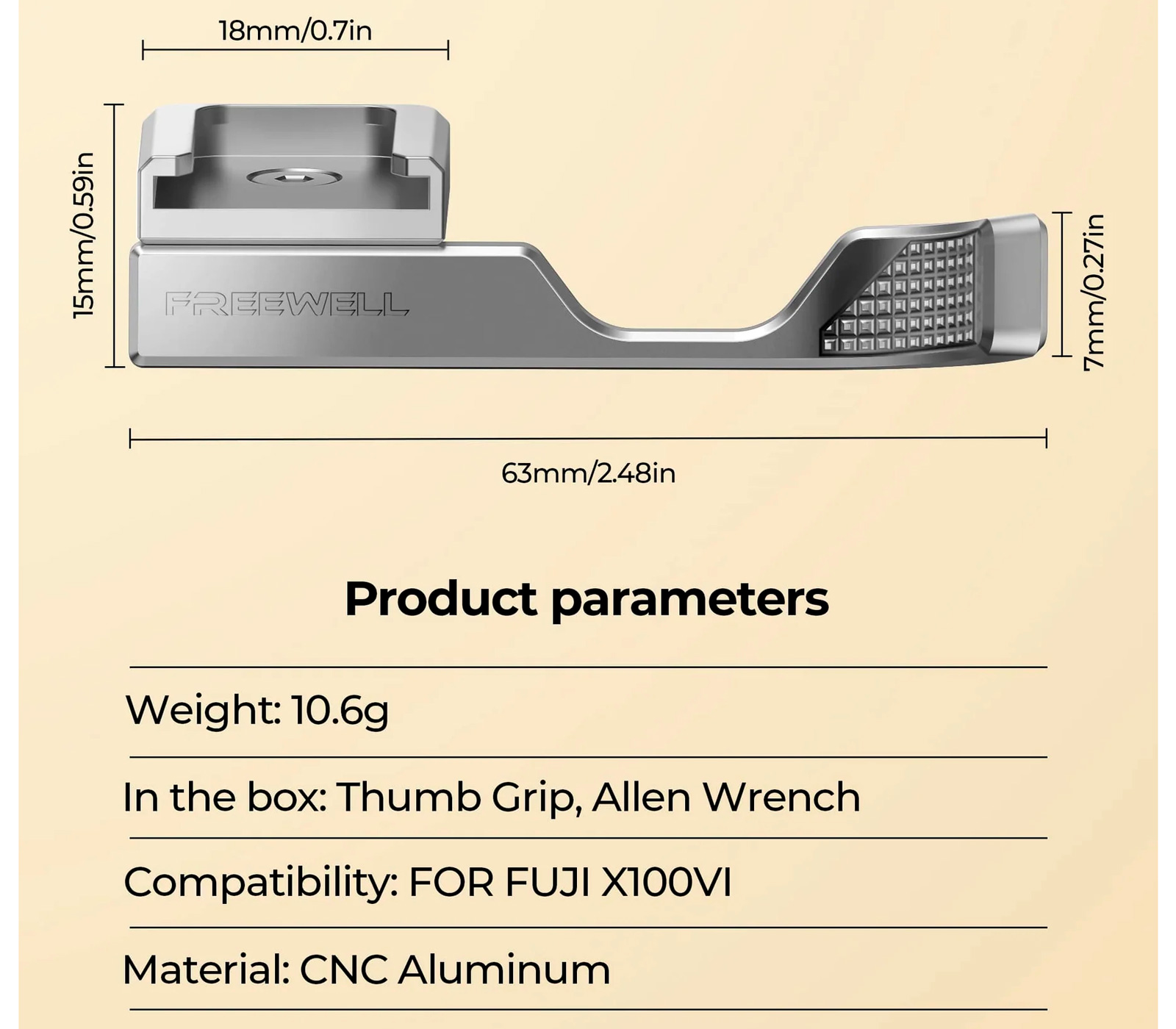 Упор для большого пальца Freewell Thumb Grip для Fujifilm X100VI, с башмаком, серебристый