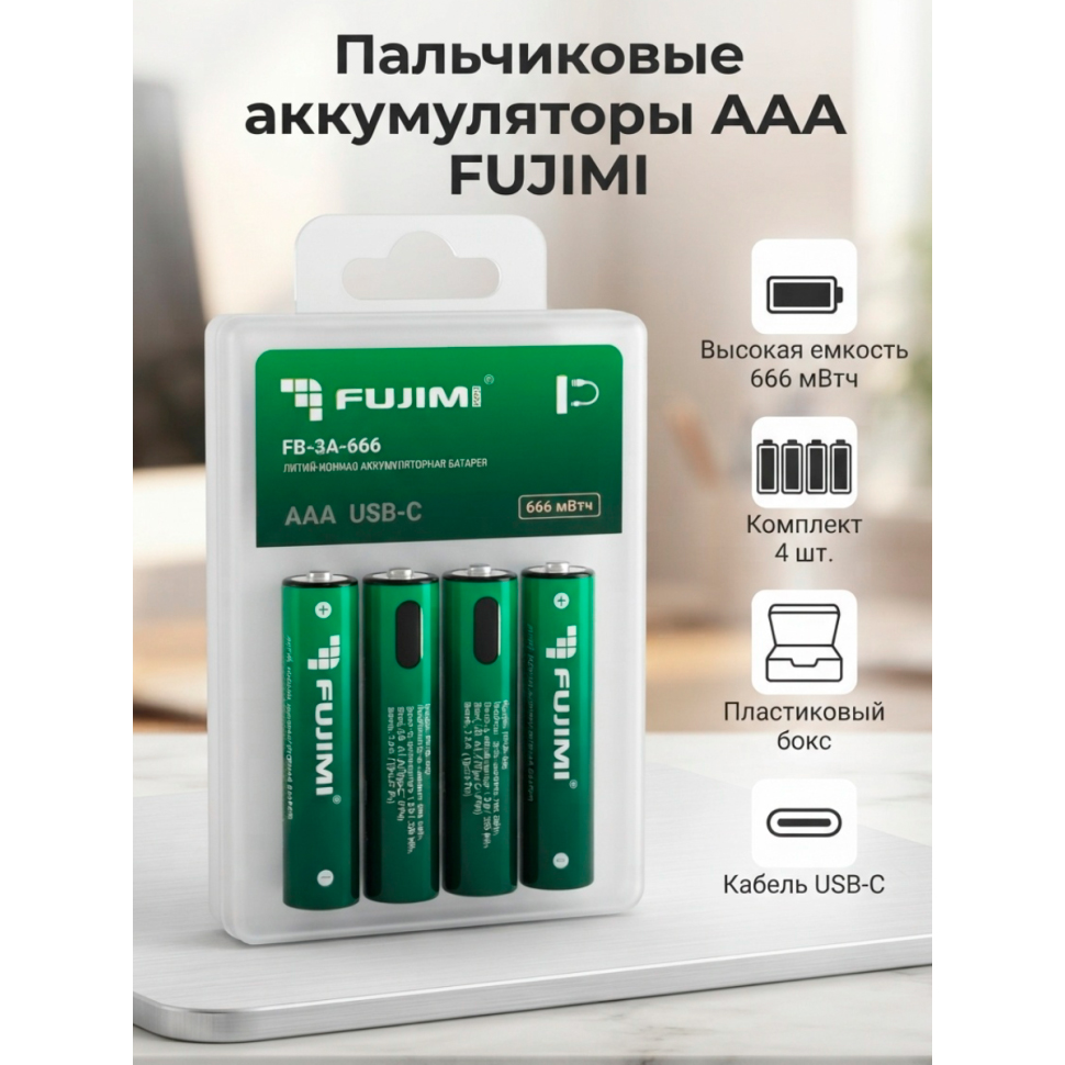 Аккумуляторы Fujimi FB-3A-666 AAA, с разъемом USB-C, 666 мВтч, 4 шт с кейсом