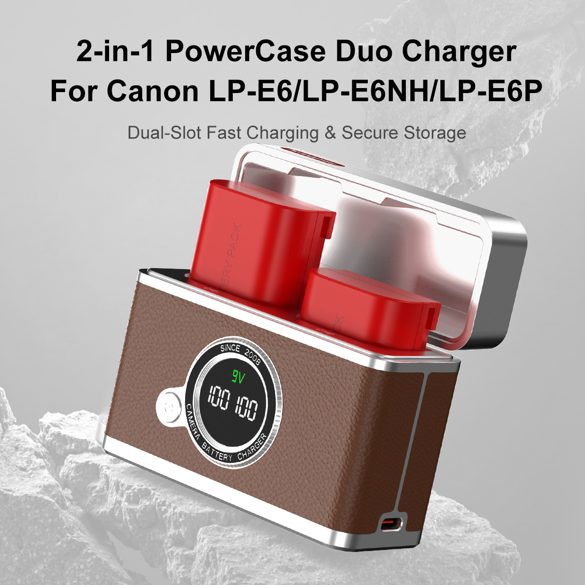 Зарядный кейс Kingma BM071-LPE6 для 2х Canon LP-E6, коричневый