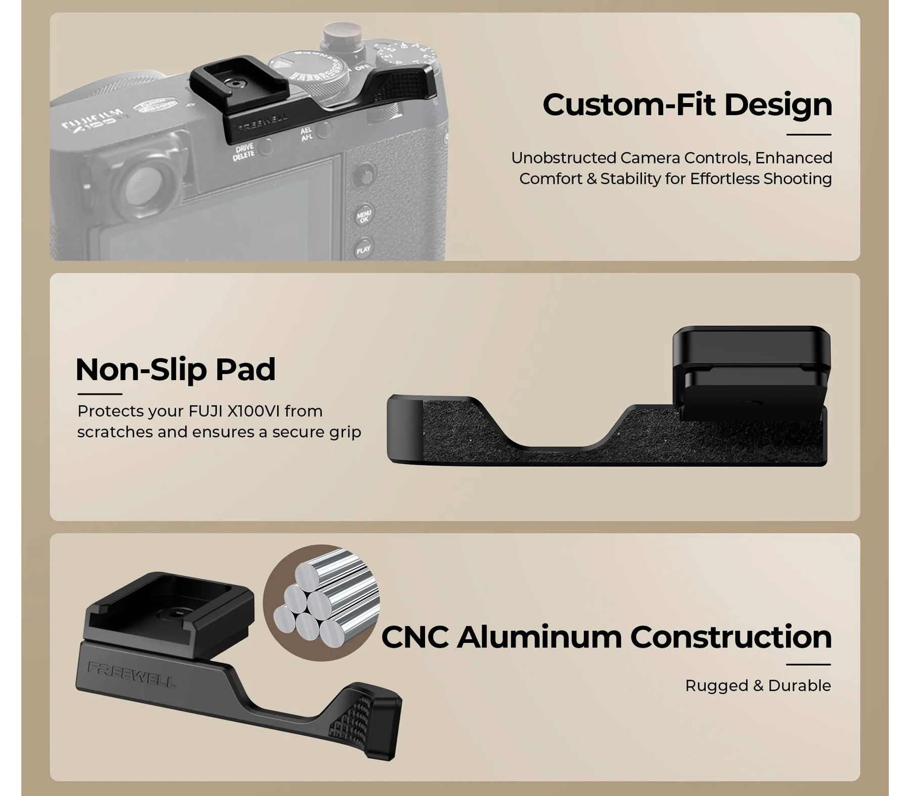 Упор для большого пальца Freewell Thumb Grip для Fujifilm X100VI, с башмаком, черный