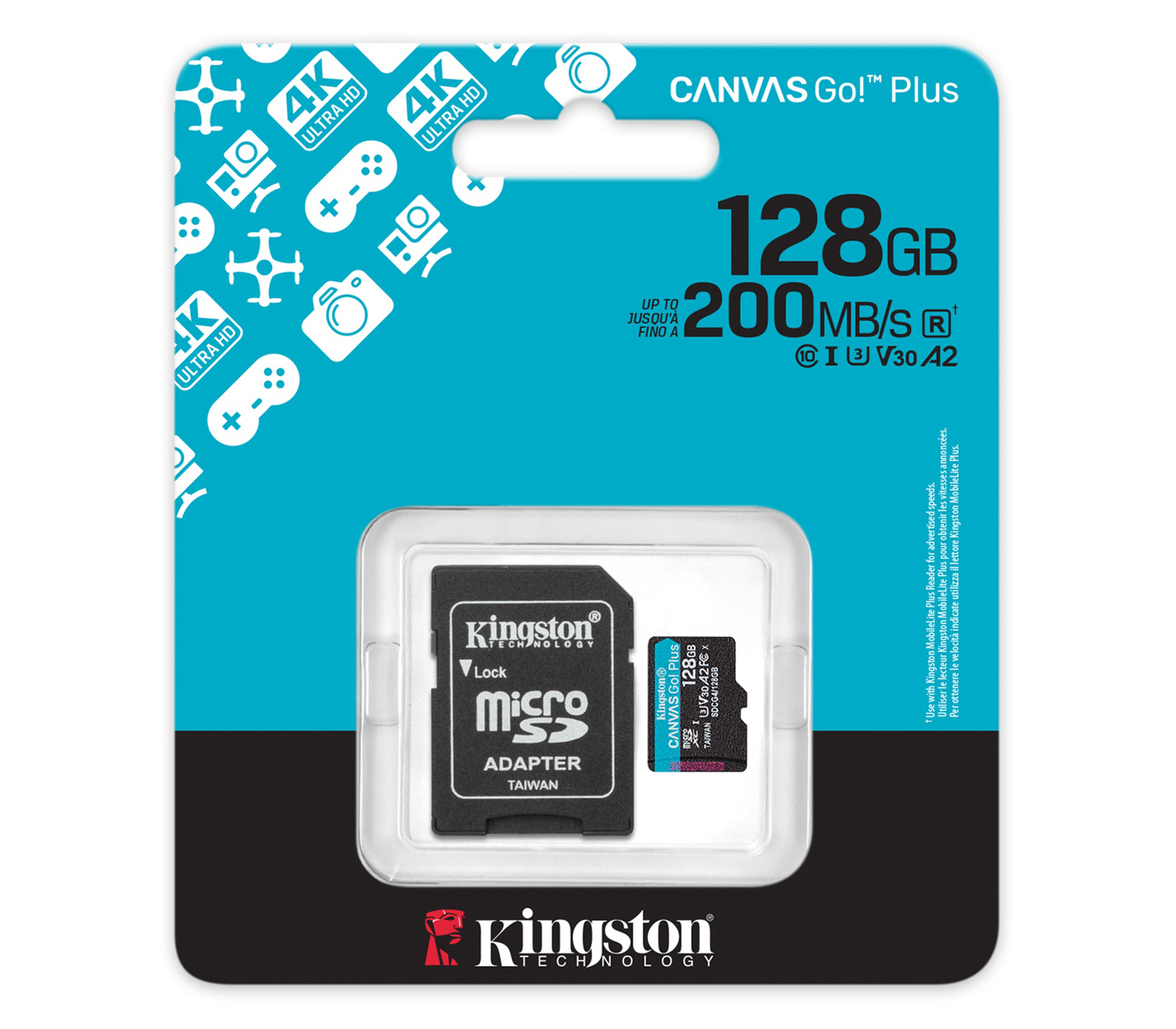 Карта памяти Kingston MicroSDXC 128GB Canvas Go! Plus G4 UHS-I U3 V30 A2, с SD-адаптером