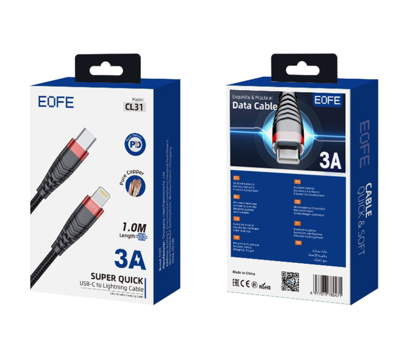 Кабель EOFE CL31, USB-C / Lightning, нейлон, 1 м, черный