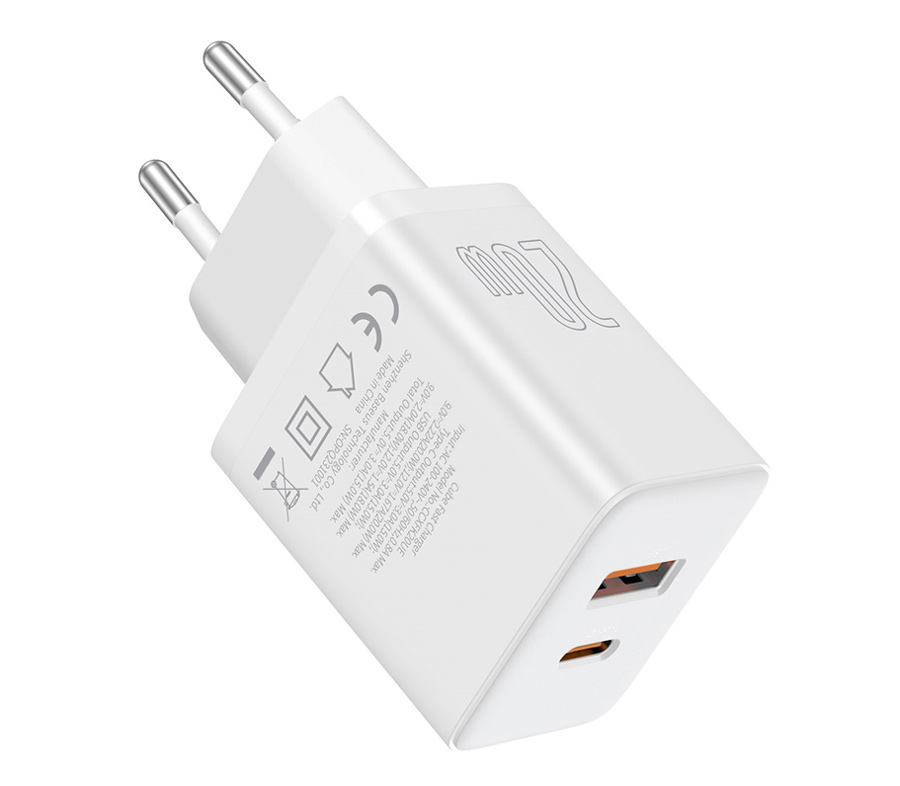 Зарядное устройство Baseus Cube 20W, USB-C + USB-A, 20 Вт, белое