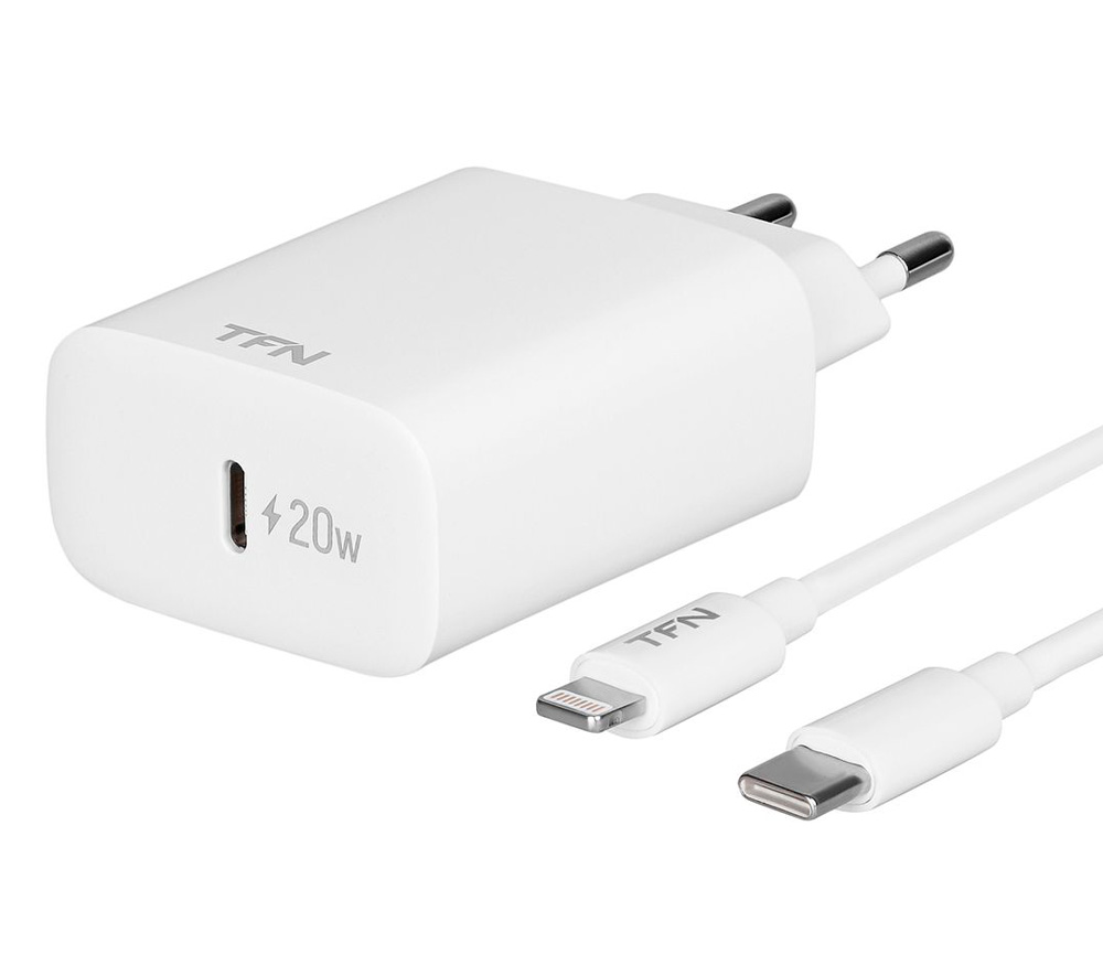 Сетевое устройство TFN USB-C, 20 Вт + кабель USB-C / Lightning MFI, белый
