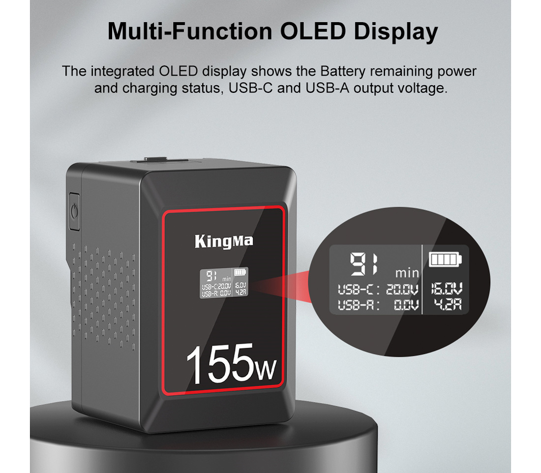 Аккумулятор Kingma 155W Mini, V-Mount, OLED дисплей, 10050 мАч