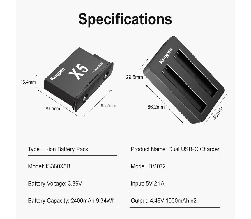 Зарядное устройство Kingma BM072 для 2х аккумуляторов Insta360 One X5