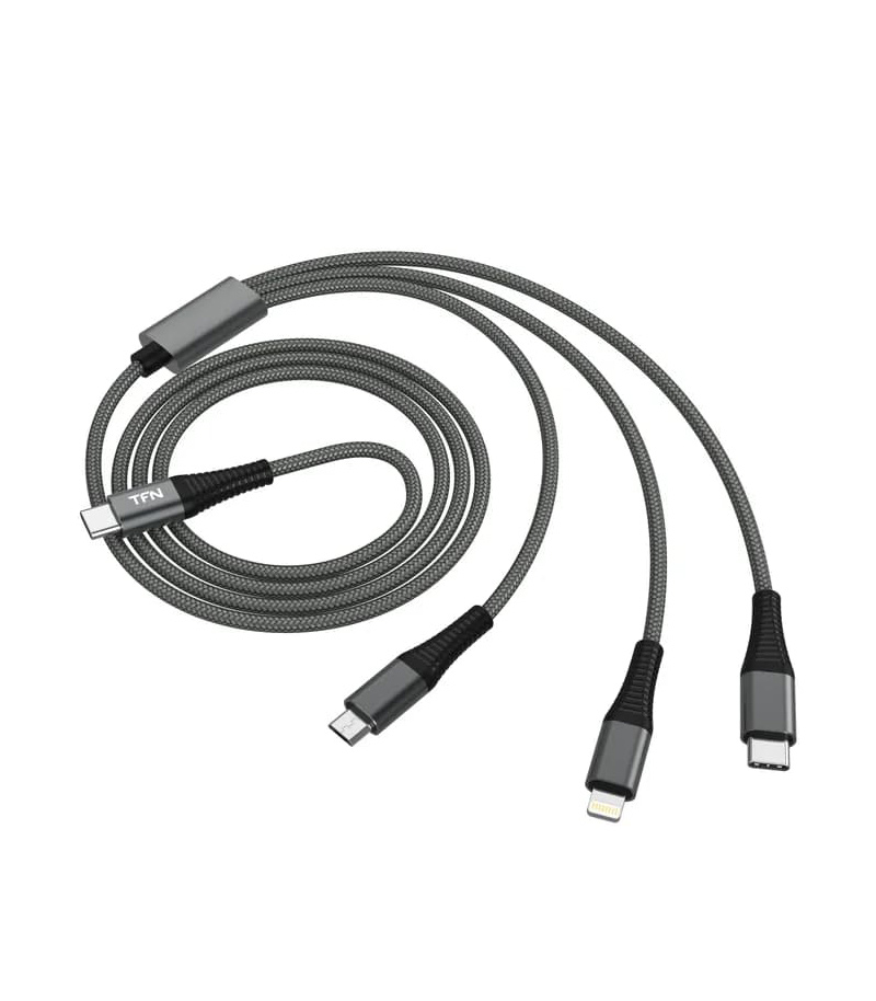 Дата-кабель TFN 3 в 1: USB-С – USB-C / MicroUSB / Lightning, 1.2 м, серый