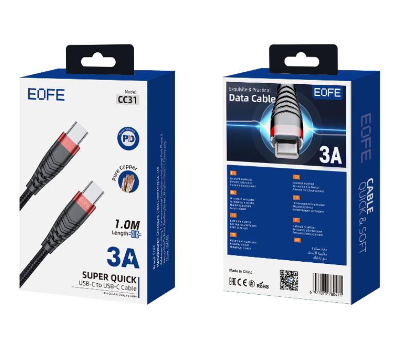 Кабель EOFE CC31, USB-C / USB-C, нейлон, 1 м, черный