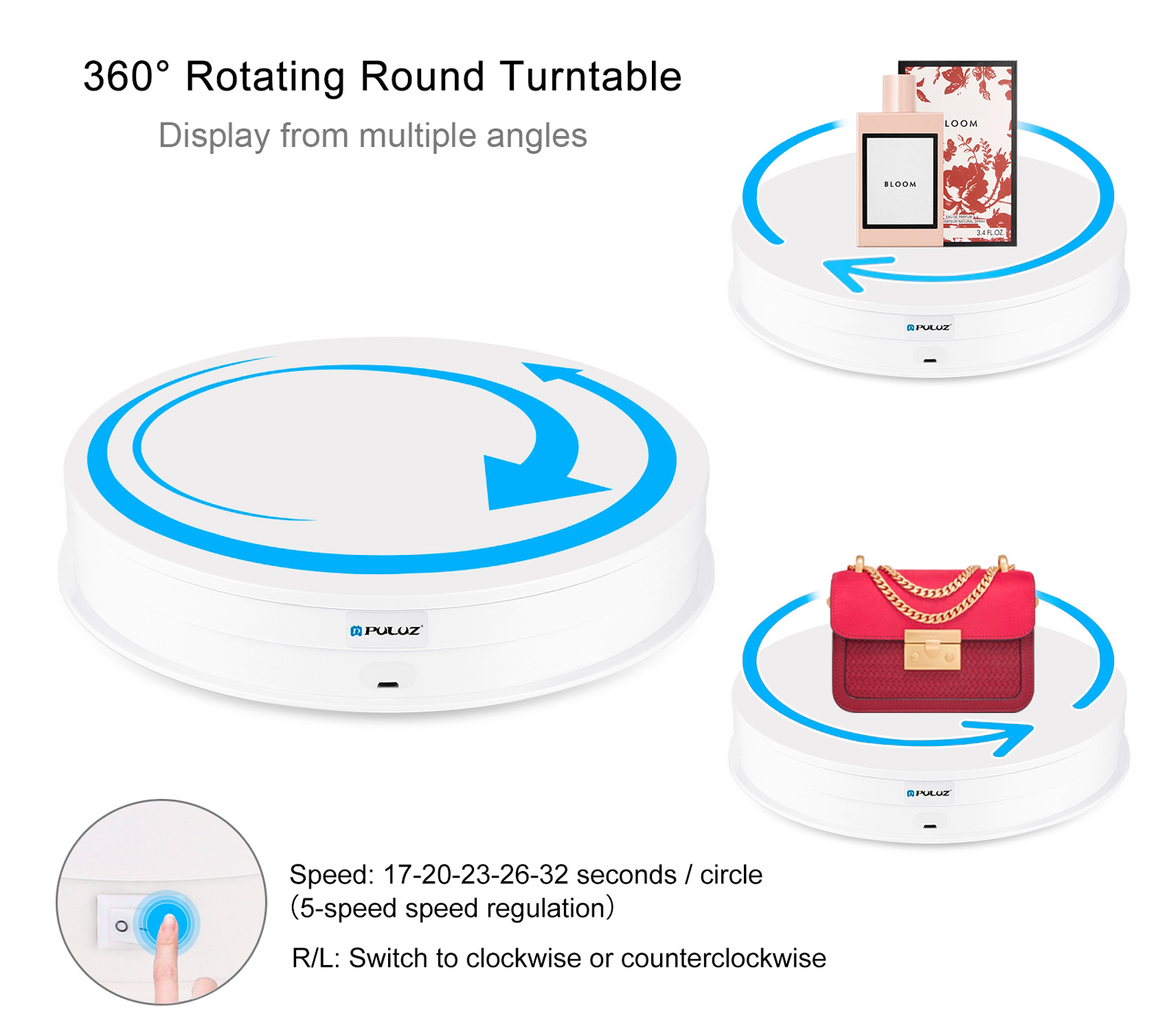 Поворотный стол Puluz PU3131W с пультом управления, 30 см, до 10 кг, белый