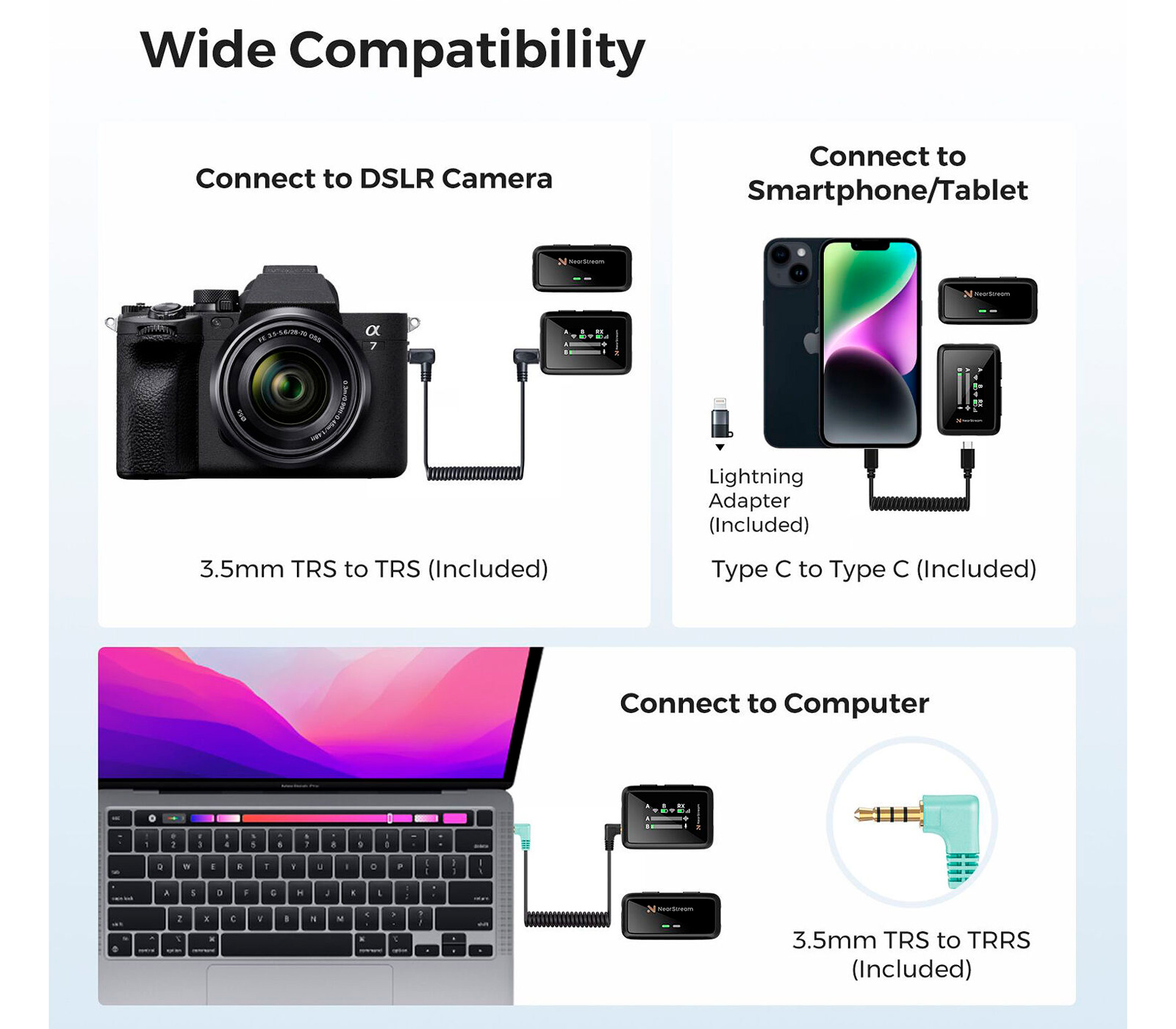 Беспроводная система Nearity NearStream AWM20T, 2 микрофона + кейс, 3.5 мм + USB-C + Lightning