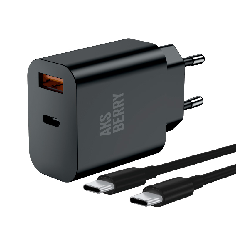 Зарядное устройство Aksberry T43, USB-C + USB-A, 20 Вт + кабель USB-C, черный