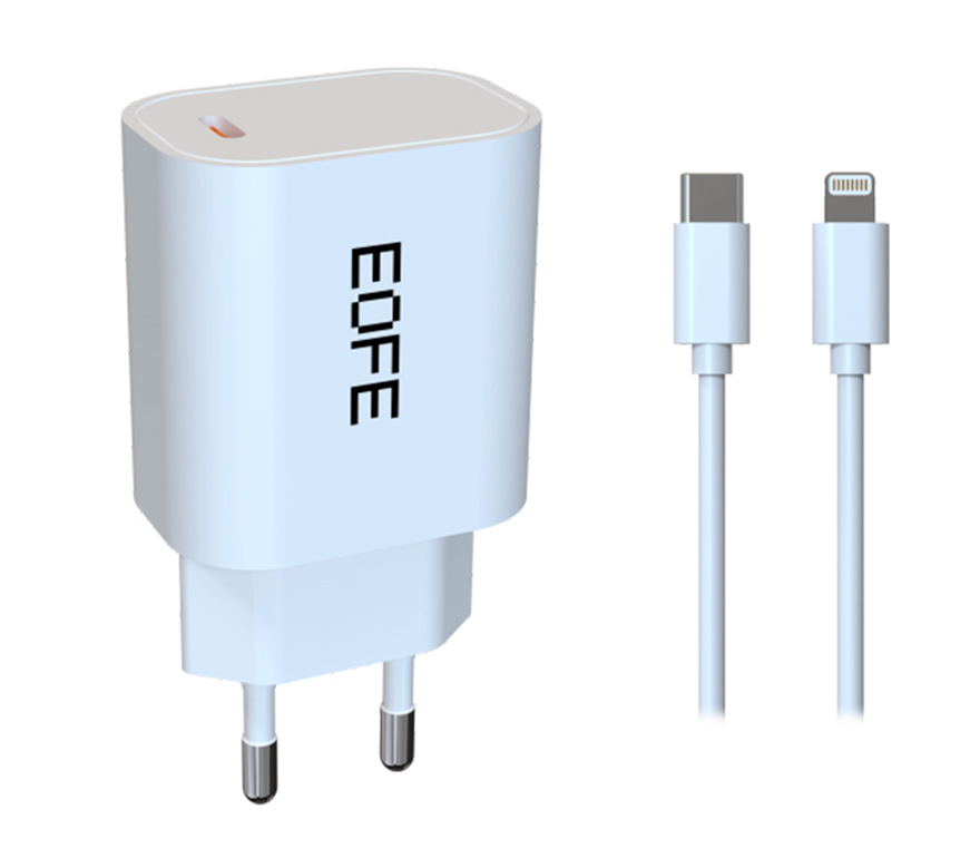 Зарядное устройство EOFE EC02, USB-C, 20 Вт, 3A, белое + кабель Lightning 1 м