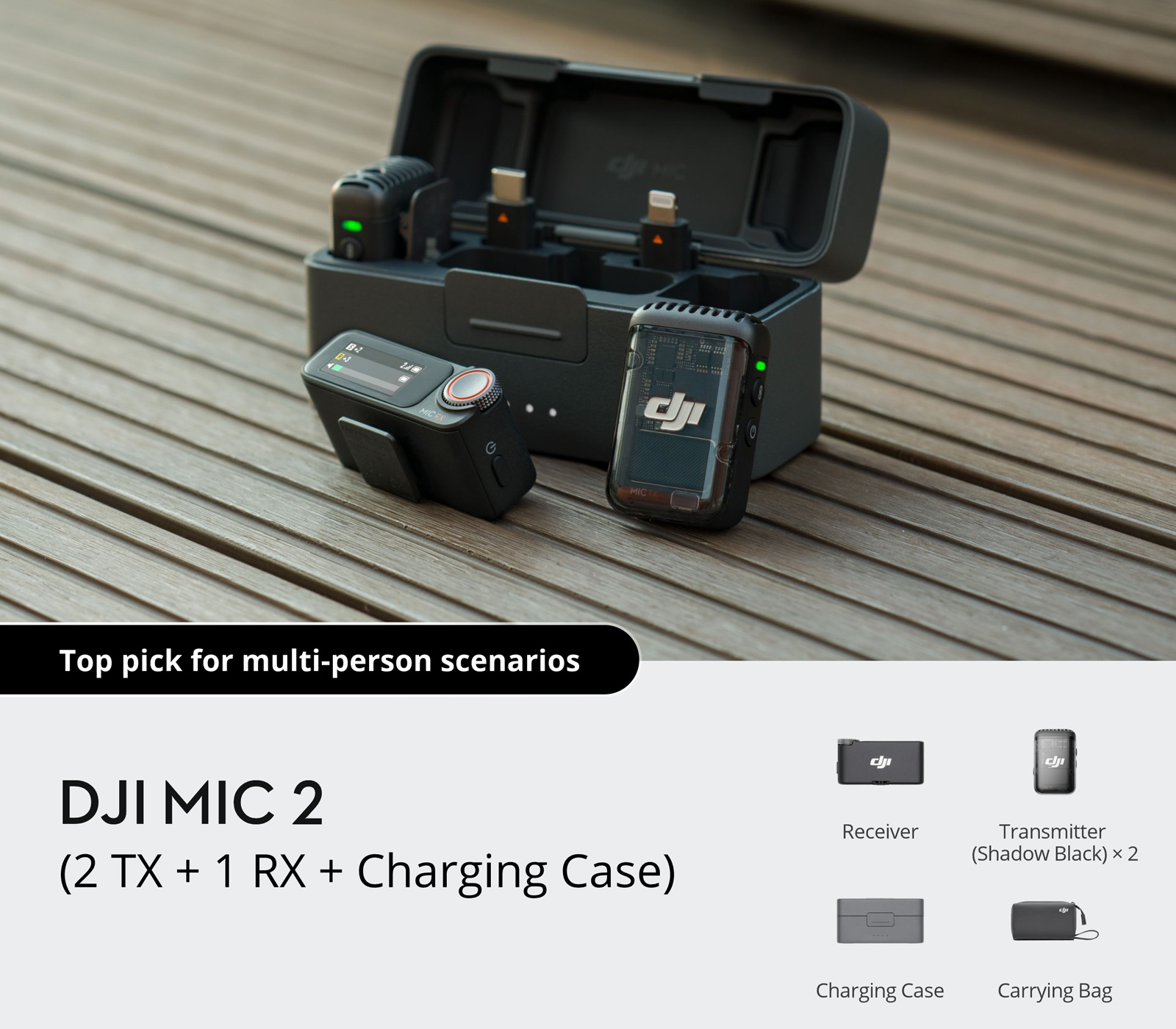 Беспроводная система DJI Mic 2, 2 TX + 1 RX + зарядный кейс, 3.5 мм, USB-C, Lightning