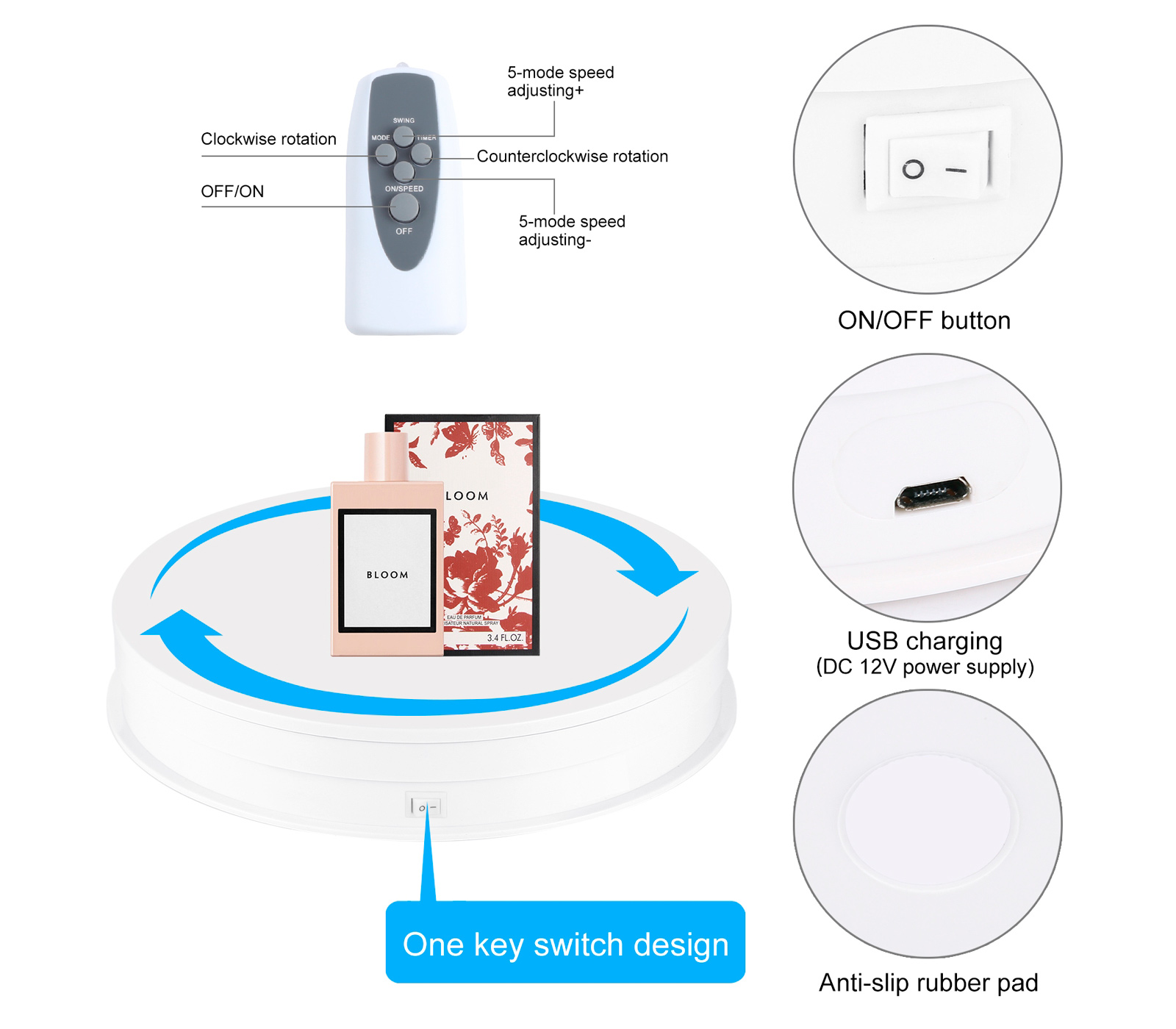 Поворотный стол Puluz PU3131W с пультом управления, 30 см, до 10 кг, белый