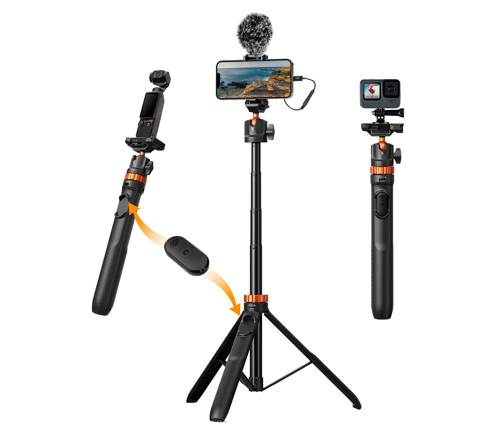Штатив K&F Concept MS08 + палка для селфи, 2 в 1