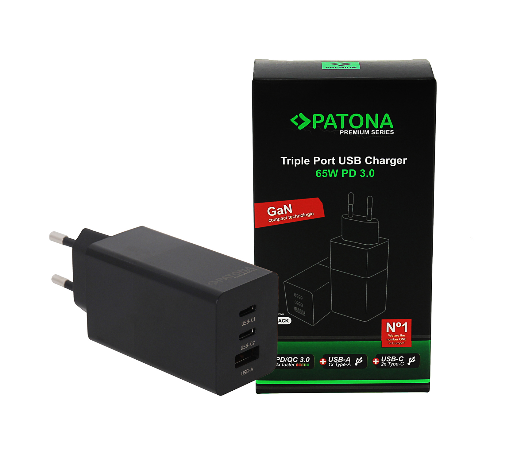 Зарядное устройство Patona 2640 Premium GAN, PD, USB-A + USB-C, 65 Вт, черное