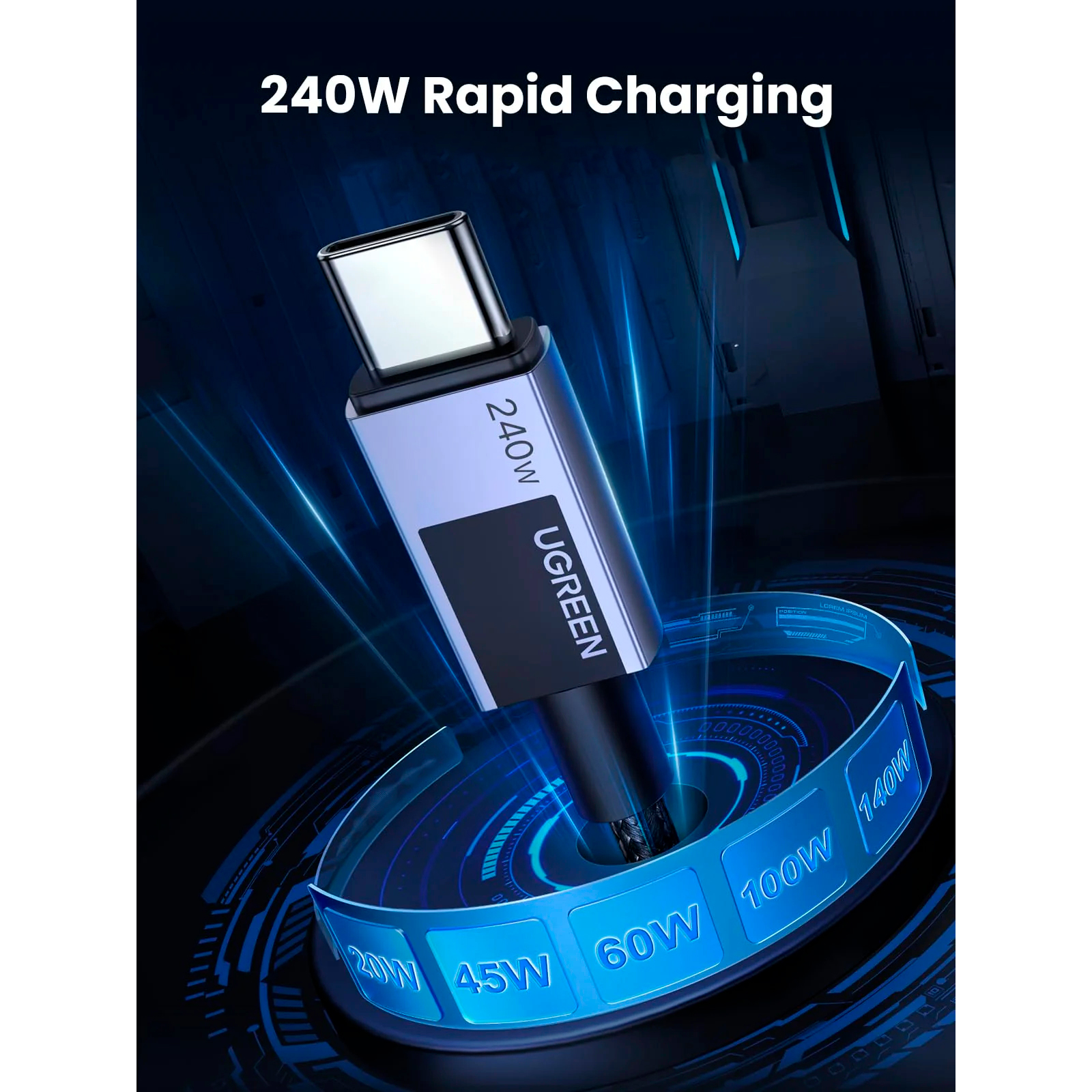 Кабель Ugreen L513, USB-C - USB-C, 240 Вт, 2 м, черный