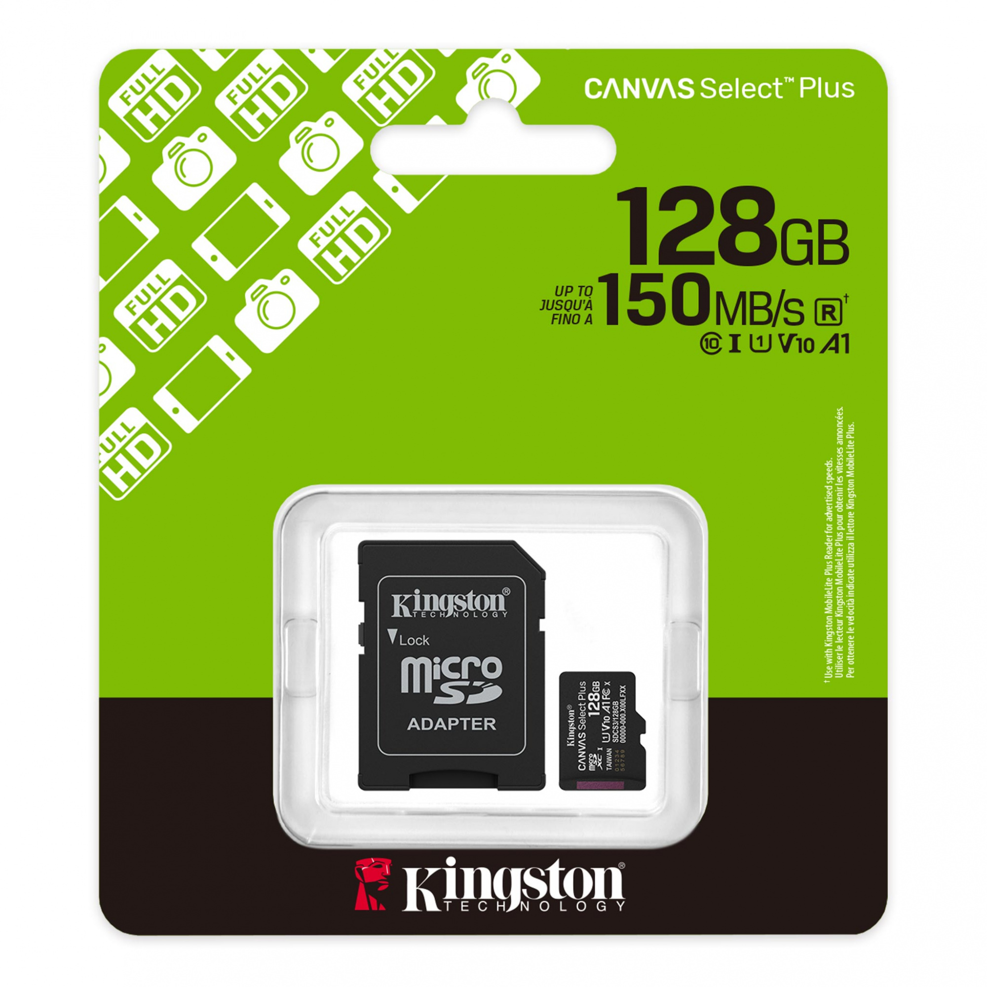 Карта памяти Kingston MicroSDXC 128GB Canvas Select Plus Gen3 UHS-I U1 A1, с адаптером SD